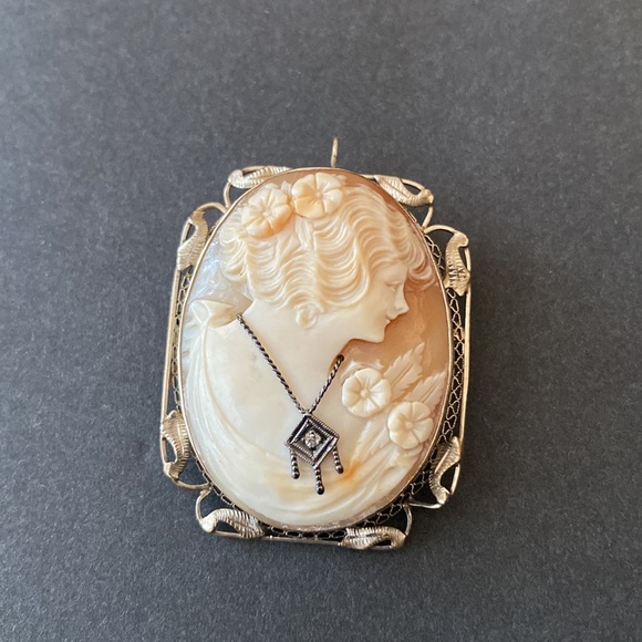 Art Deci DIamond Filigree Lady Cameo Pin or Pendant 14K White Gold - Picture 2 of 6